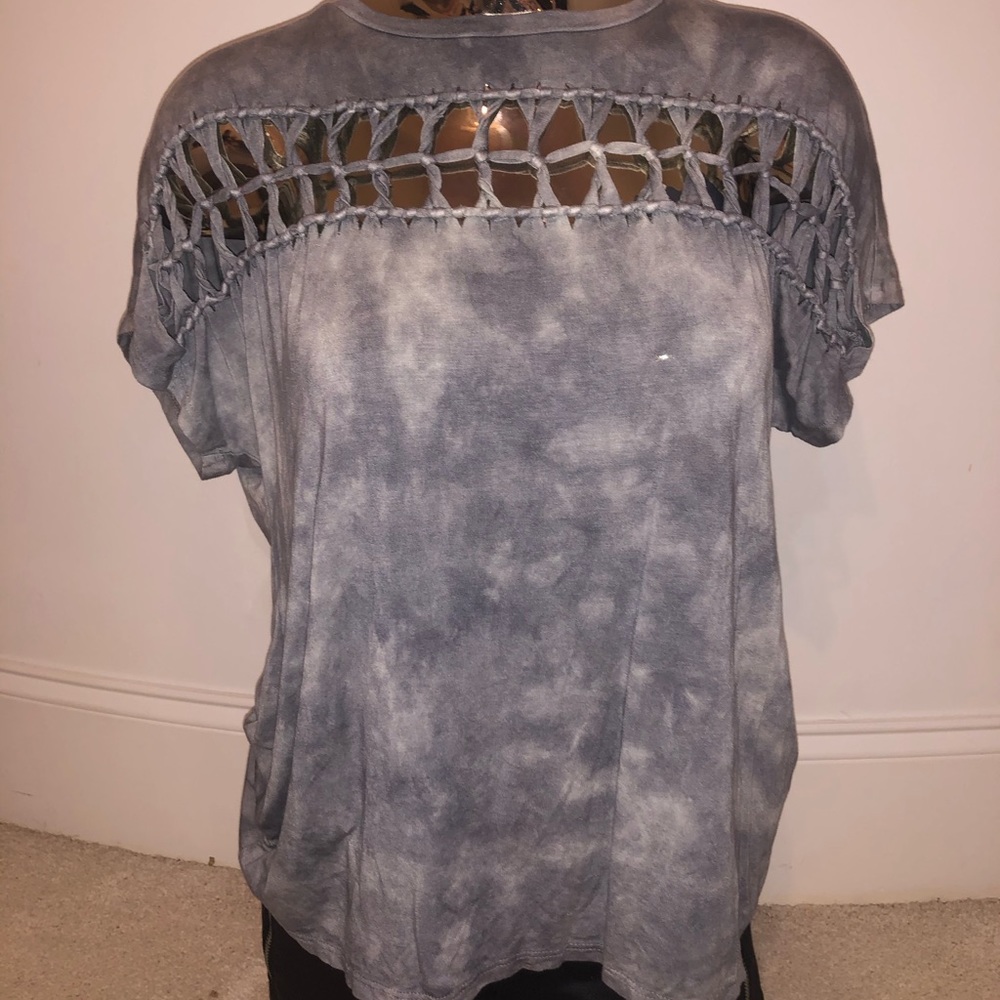 Grey, cut out front, tie dye shirt